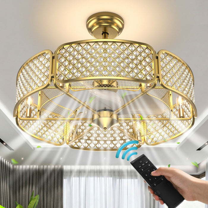 30 Inch Caged Ceiling Fan with Light Crystal Lampshade 6 Light Bases