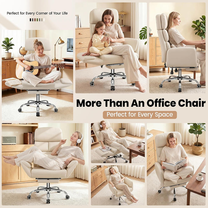 Big and Tall Leather Office Chair, Cross Legged Flip Arms, Beige