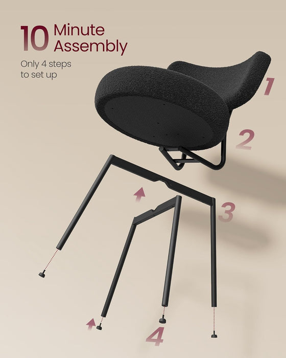 Boucle Dining Chairs Set of 2, Upholstered Kitchen Dining Room Chairs with Curved Backrest and Steel Frame, Modern Mid Century, Round, for Vanity, Living Room, Ink Black UKDC110B01