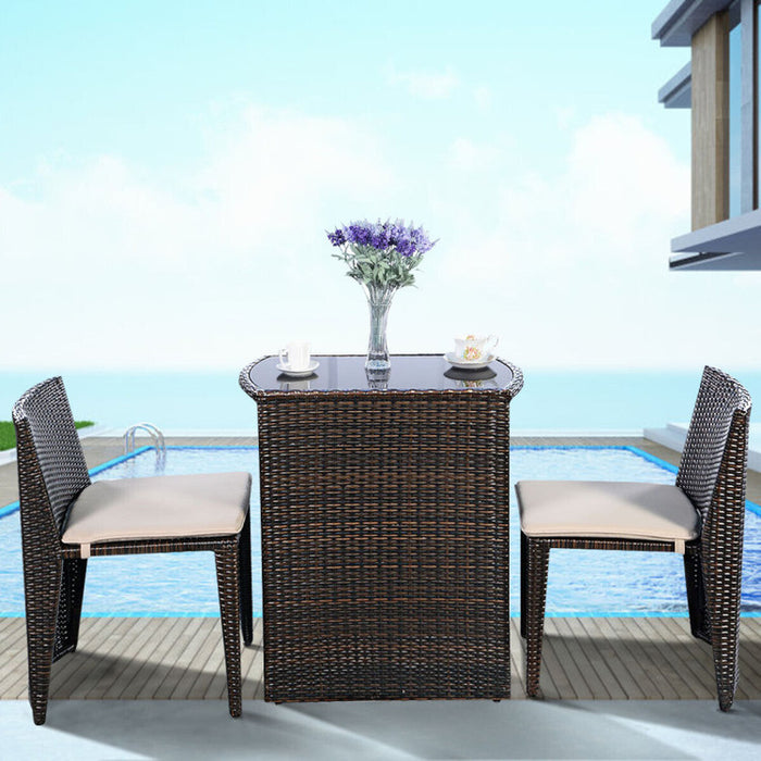 3 Pieces Cushioned Wicker Patio Bistro Set with No Assembly Needed