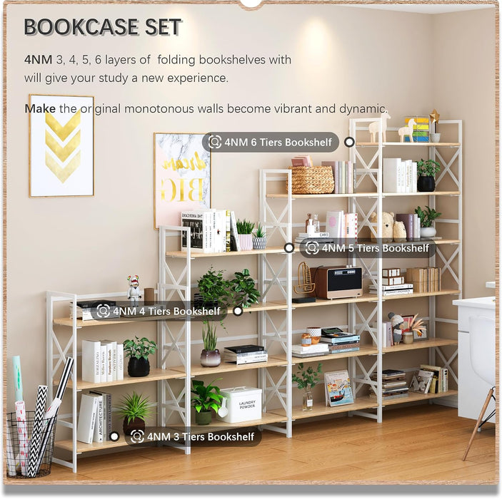 6 Tiers No Assembly Book Shelves, 61.8" H Folding Bookshelf Bookcase Open Industrial Foldable Shelves for Bedroom, Living Room, Home Office - Natural White