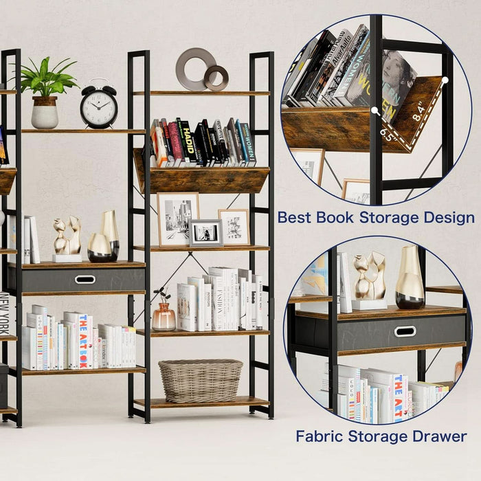 Triple Wide 5 Tier Bookshelf, Adjustable Rustic Industrial Style Book Shelves, Modern Bookcases and Bookshelves Furniture for Bedroom, Living Room and Home Office, Vintage Brown