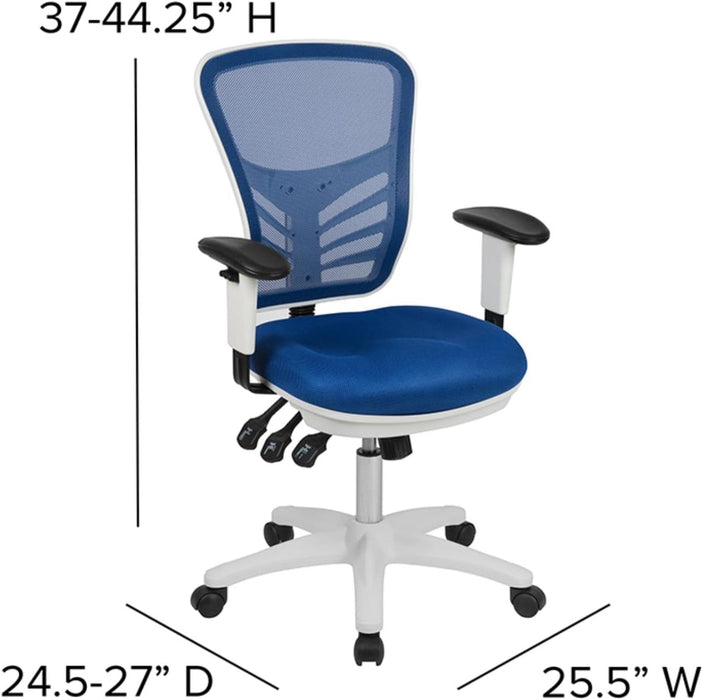 Nicholas Mid-Back Blue Mesh Multifunction Executive Swivel Ergonomic Office Chair with Adjustable Arms and White Frame