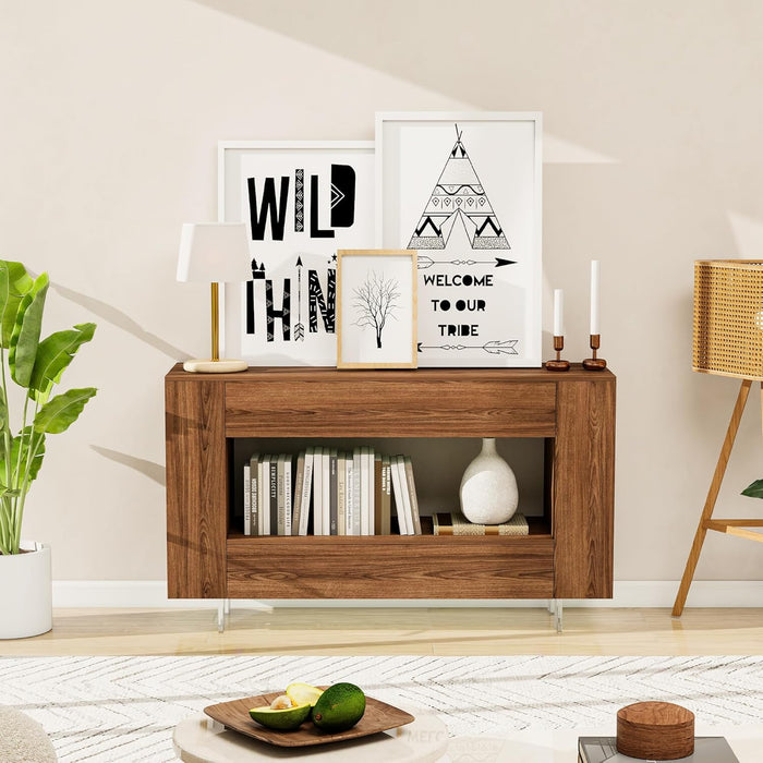 TV Stand for 55 Inch with 2 Large Drawers & Hidden Storage Cabinets, Modern Farmhouse Entertainment Center Television Stands for Living Room Bedroom, Walnut