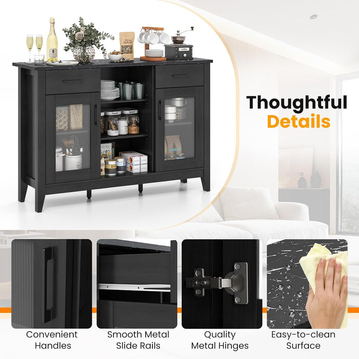 Sideboard Buffet Cabinet with 2 Drawers, Kitchen Storage Cabinet W/2 Doors, Open Compartments, Shelves, Faux Marble Top, Modern Furniture for Living Room, Coffee Bar, Entryway (Black)