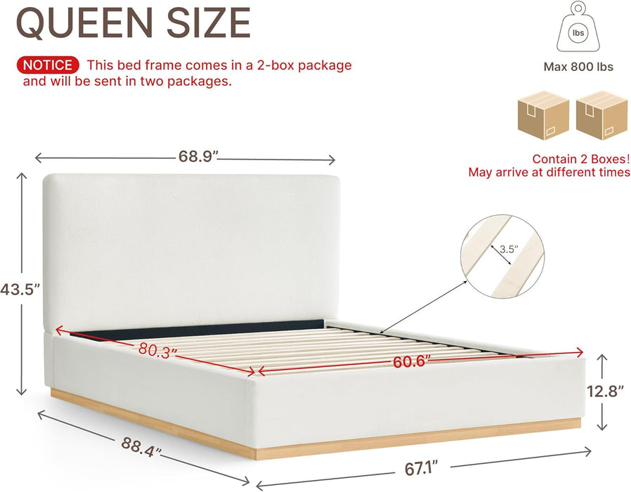 Upholstered Queen Size Bed Frame, Boucle Fabric Platform Bed Mattress Foundation Noise-Free No Box Spring Needed Easy Assembly