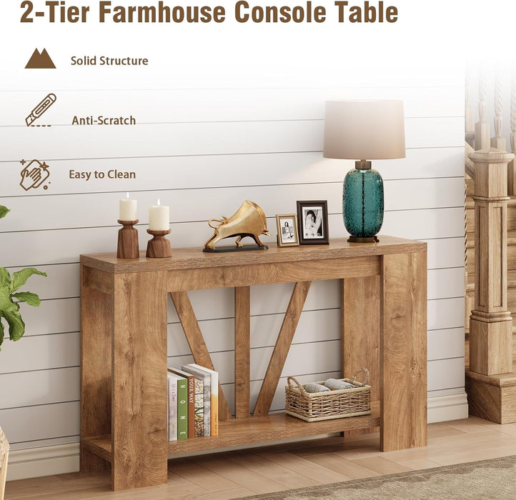 Console Table for Entryway, 47 Inches Narrow Sofa Table behind the Couch, Farmhouse Wood Entry Table with Storage Shelves for Hallway Foyer Living Room, Rustic Wood Grain