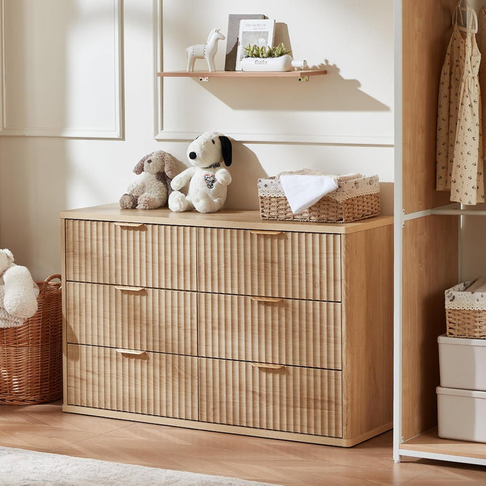 Fluted 6 Drawers Dresser for Bedroom, 48" Wide Modern Chest of Drawers with Metal Handle, Natural Curved Profile Farmhouse Closet Organizer Wood Dressers TV Stand for Living Room, Hallway