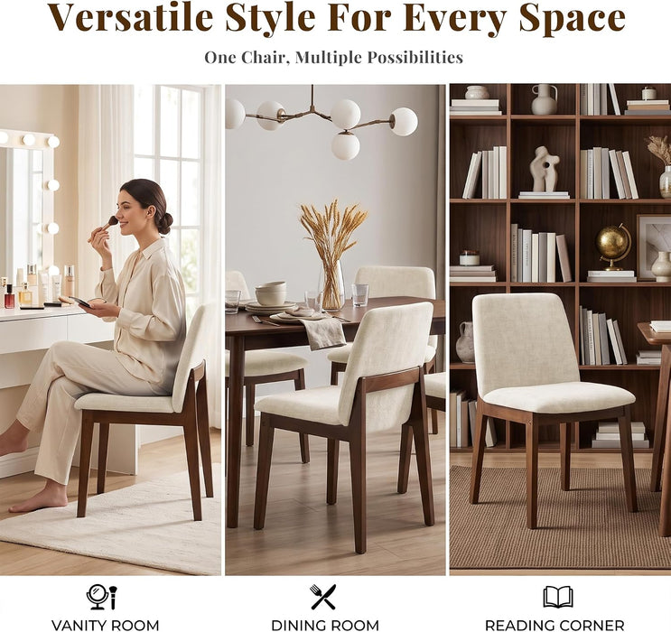 Wooden Dining Chairs Set of 4, Mid Century Modern Kitchen Chairs with Ergonomic Back & Upholstered Linen for Kitchen Dining Vanity, Beige
