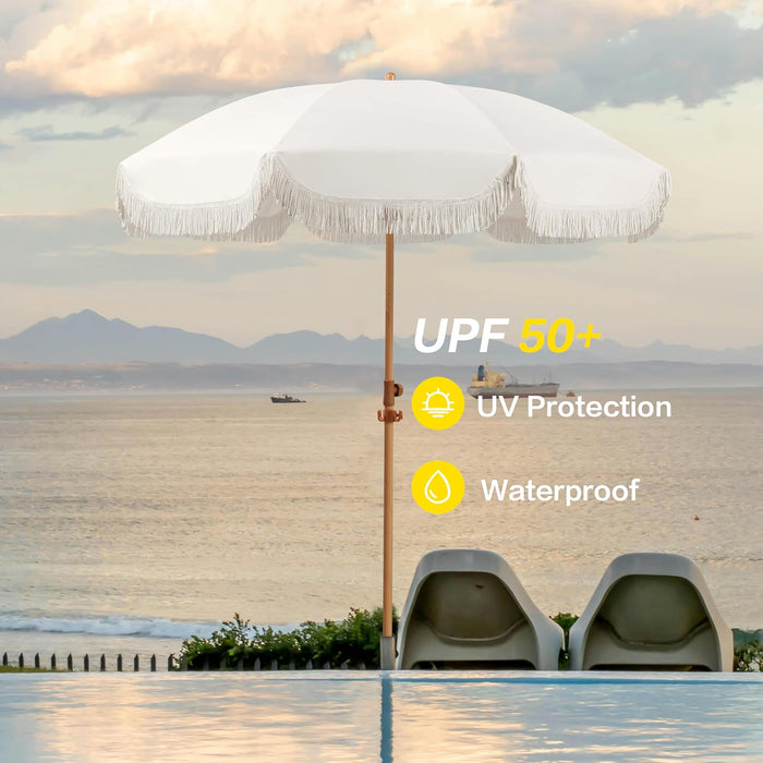 6.5Ft Patio Umbrella with Fringe, Beach Umbrella, Fringe Umbrella Outdoor Patio with Hanging Hook, Tilting Aluminum Pole, UV 50+, Fiberglass Ribs, Elegant Cream