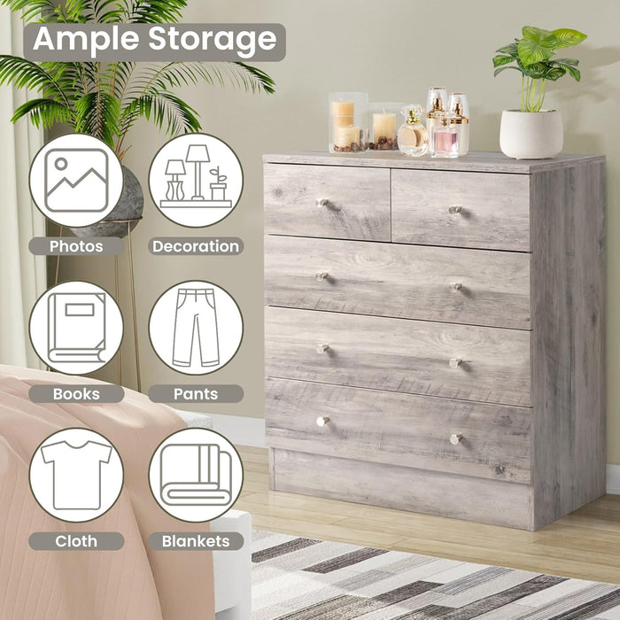 Grey 5 Drawer Dresser for Bedroom, Modern Wood Dresser Chest of Drawers, Rustic Bedroom Dressers Clothes Organizer, Anti-Tipping Device, Rose Gold Metal Handle, Living Room, Entryway, Office