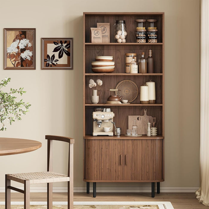 71" Tall Bookshelf with Cabinet, 5 Tier Fluted Bookcase Walnut | with Sliding Door, Adjustable Display Shelf, Free Standing Cube Storage Organizer, Wood Shelving Unit Living Room & Office