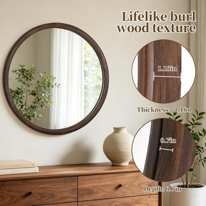 24 Inch round Mirror, Walnut Wood-Grain Foil Finish Circle Mirror for Bathroom, Entryway, Living Room, Bedroom and Vanity Decor