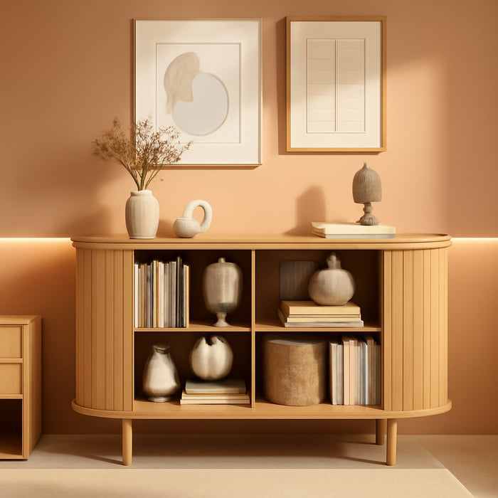 Console Table with Sliding Tambour Doors, 47" TV Stand with Storage & Adjustable Open Shelves for Tvs up to 55", Modern Entryway Table for Living Room, Foyer, Hallway, Natural Oak