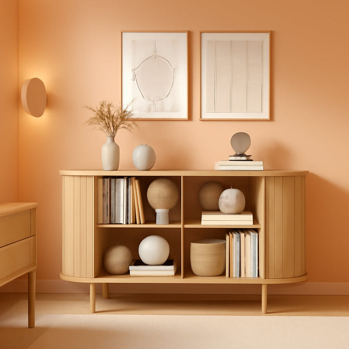 Console Table with Sliding Tambour Doors, 47" TV Stand with Storage & Adjustable Open Shelves for Tvs up to 55", Modern Entryway Table for Living Room, Foyer, Hallway, Natural Oak