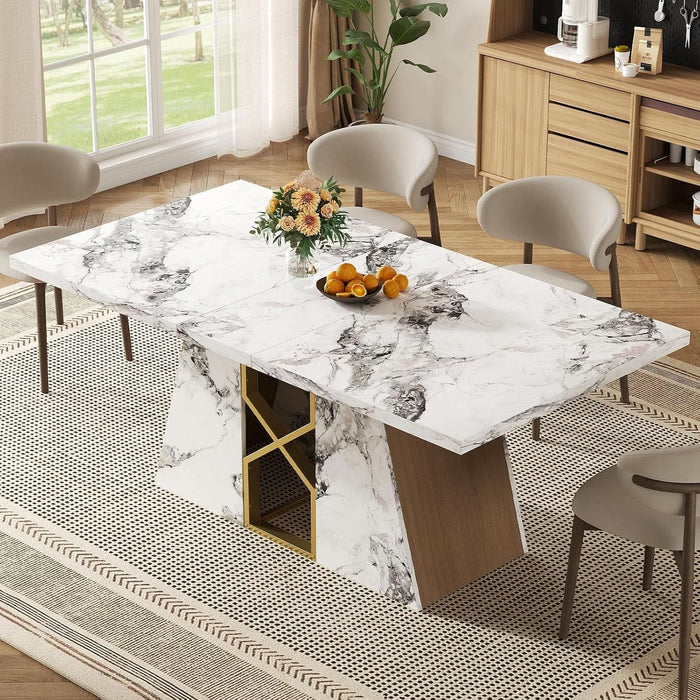 71 Inch Modern White Dining Table for 6-8 People, Large Faux Marble Kitchen and Dining Room Table,Rectanglar Dinner Table with Metal Frame for Dining Room, Living Room, White