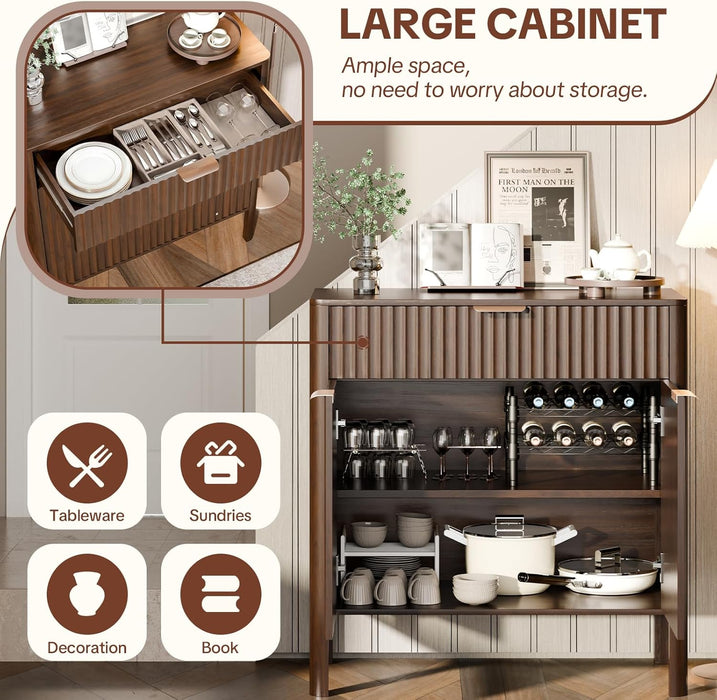 Fluted Buffet Cabinet Accent with Doors & Drawer 31" Walnut | Anti-Tipping Design, Scratch & Water-Resistant, Pre-Drilled Easy Assembly Versatile for Kitchen, Entryway & Living Room