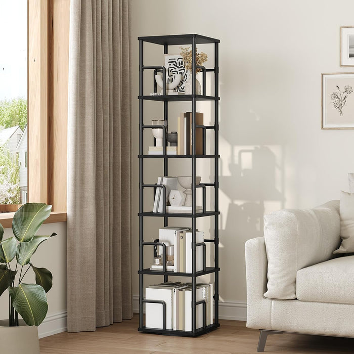 5-Tier Rotating Bookshelf, Freestanding Corner Bookshelf, 360° Spinning Bookcase, Industrial Style Storage Rack with Rails, for Living Room, Bedroom, Study, Black BKBK1601