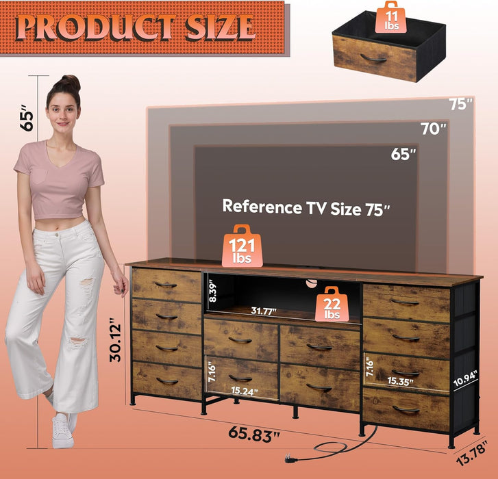 12 Drawer Dresser for Bedroom, Dresser TV Stand for 65, 70, 75 Inch TV with Led Lights & Charging Station, Wide Chest of Drawers with Open Shelves, Fabric Dressers for Living Room, Rustic Brown