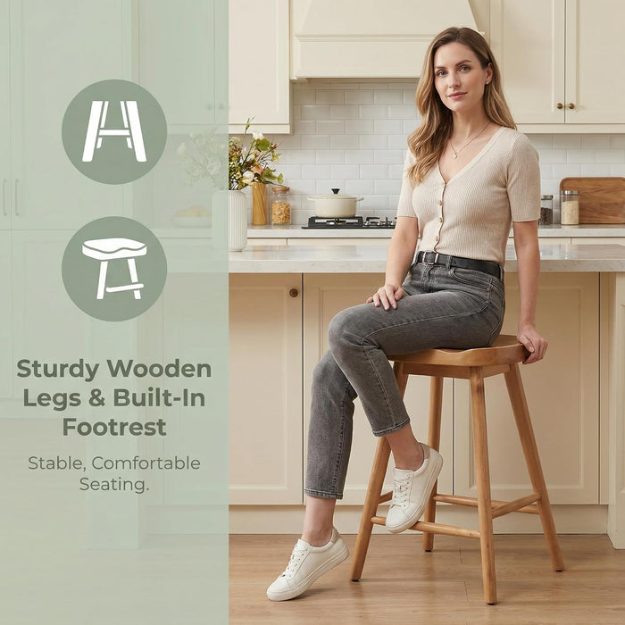 Backless Counter Height Bar Stools Set of 2, 24’’ Rustic Farmhouse Wooden Saddle Stools Ergonomic-Seat Bar Chairs, Bar Height Barstools for Kitchen Counter Island, Brown