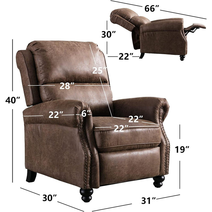 Pushback Recliner Chair, Leather, Rivet Decoration, Chocolate