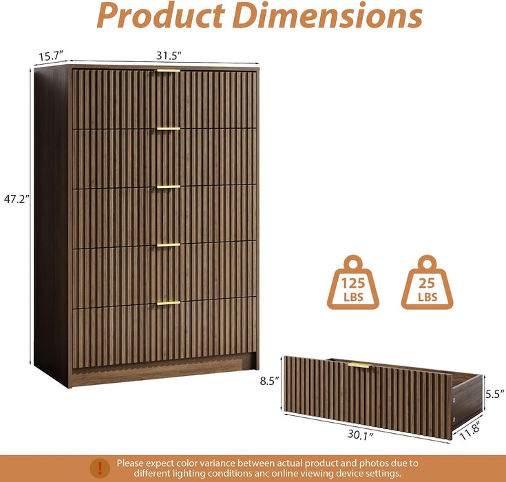 47" Tall Fluted 5-Drawer Dresser for Bedroom, Walnut