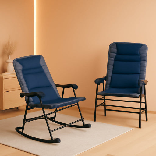 2 Piece Outdoor Patio Furniture Set with 2 Folding Padded Rocking Chairs, Bistro Style for Porch, Camping, Balcony, Navy Blue