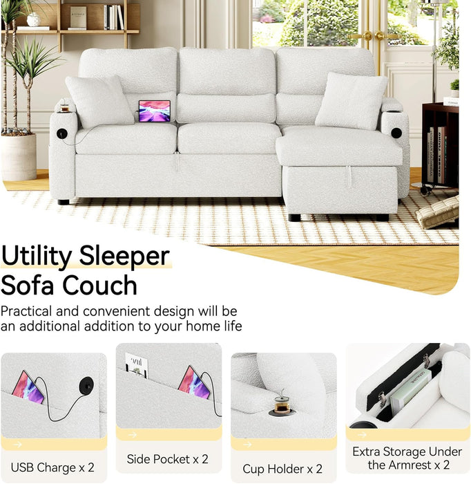 Pull Out ConvertibleSofaBed With Hidden Storage TeddyWhite