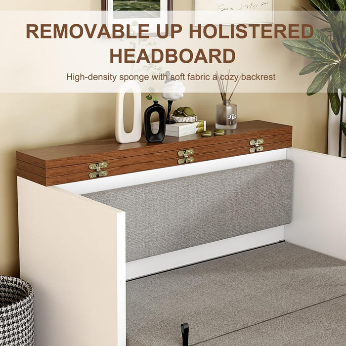 Twin/Full Size Murphy Bed Cabinet with Mattress, Hideaway Foldable Beds Space-Saving Pull Out Wooden Murphy Bed Chest for Small Room Home Office Guest Room Bedroom Living Room Walnut+White