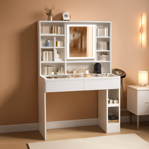 Vanity Desk with Sliding Mirror and Lights, Glass Top Makeup Vanity Table W/Shelves & Hidden Jewelry Storage & Power Outlets & Hairdryer Holder,54In White Dressing Table Gifts Girls