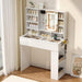 Vanity Desk with Sliding Mirror and Lights, Glass Top Makeup Vanity Table W/Shelves & Hidden Jewelry Storage & Power Outlets & Hairdryer Holder,54In White Dressing Table Gifts Girls