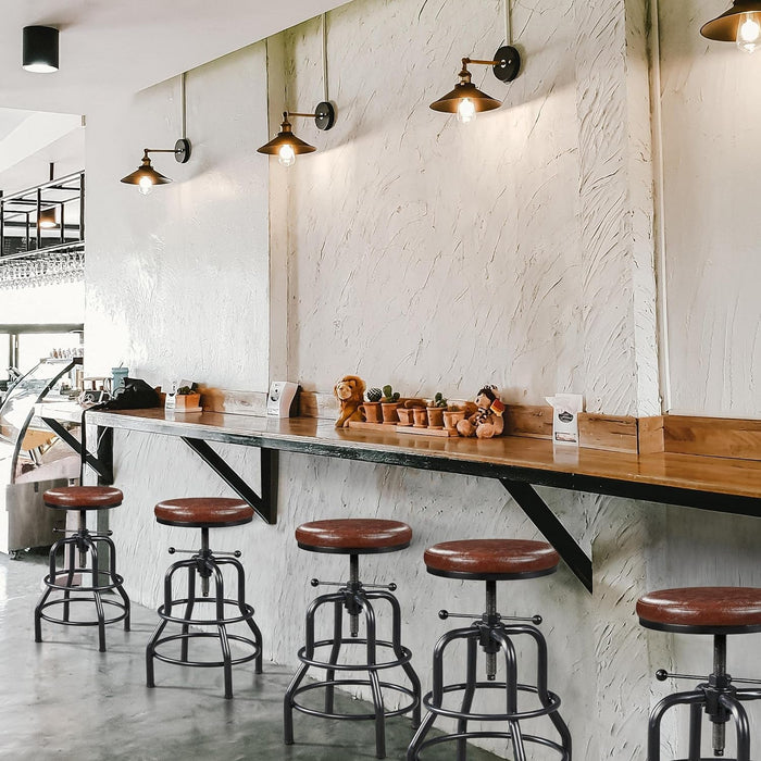 Industrial Bar Stool Vintage Counter Height Stool with round Faux Leather Seat Metal Stool Adjustable Kitchen Stool 21.5-28 Inch Tall Brown, 1PCS