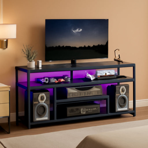 LED TV Stand with Charging Station, 4-Tier Entertainment Gaming Center, Modern Media Console Table, Open Shelves, 55.1"L X 13.8"W X 26.2"H, for Tvs up to 65", for Living Room, Black BB47UDDS01