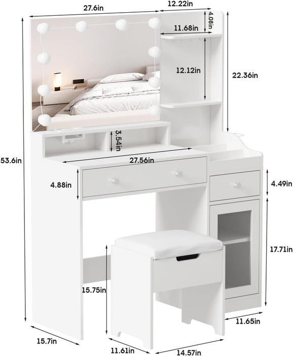 Vanity with Mirror and Lights, Makeup Vanity Table with Charging Station, Cute Vanity Set with Comfortable Bench, Dressing Table with 3 Storage Compartments, 39.8Inch, White