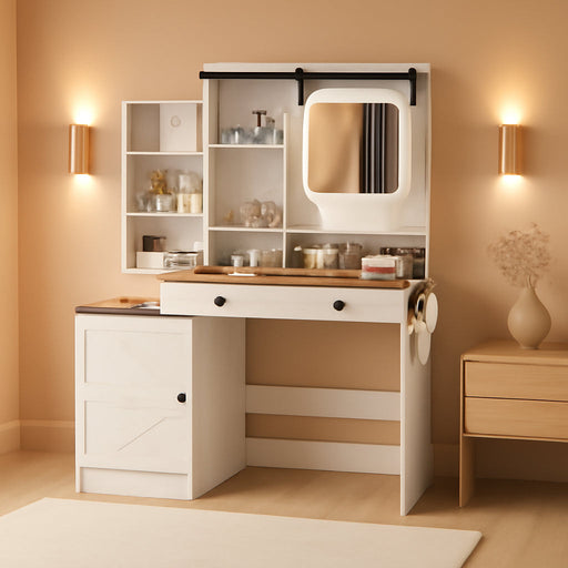 Brown Farmhouse Vanity Desk With Illuminated Mirror