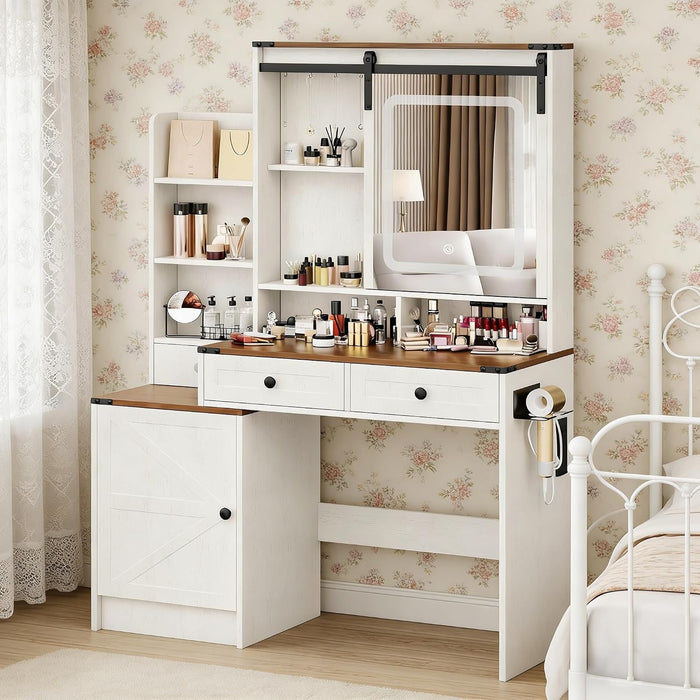 Brown Farmhouse Vanity Desk With Illuminated Mirror