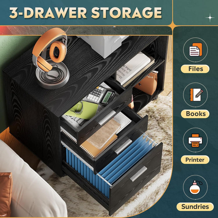 3 Drawer Mobile File Cabinet, Wood Lateral Filing Cabinet, Printer Stand with Open Shelves for Home Office, Black