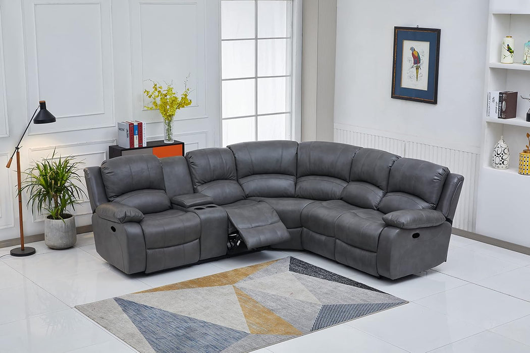 Bonded Leather Sectional Sofa 3 Recliners, Grey