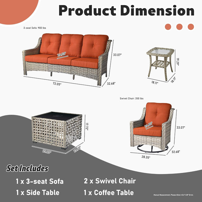 5 Piece Outdoor Patio Furniture with 3 Seat Sofa,Rattan Wicker Coversation Set with Swivel Rocking Chair,Balcony Sofa Set with Shiny Table for outside Porch Backyard Pool,Orange
