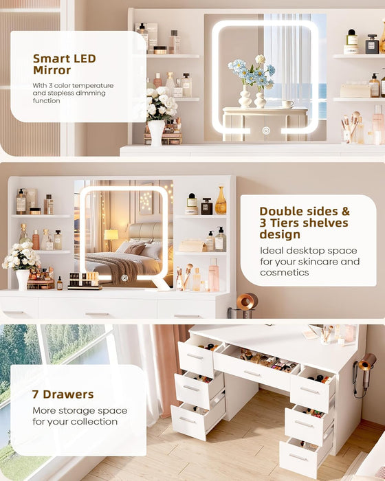 Large Makeup Vanity Desk, 43.3”W X 15.7“D X 53.2”H, White (Large Desktop, Samrt LED Mirror, 4 Open Shelves, 7 Drawers, Hairdryer Rack, Power-Outlet, No Cushion Stool Included)