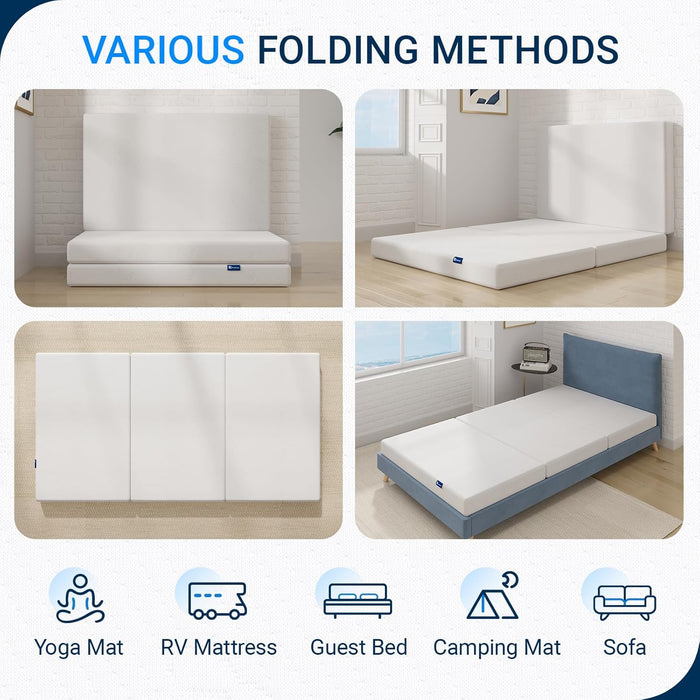 Folding Mattress, 4 Inch Trifold Mattress, Queen Size Folding Mattress for Indoor, Rv/Camper Van, Travel, Camping, Guest Room-Breathable Cover & Non-Slip Bottom