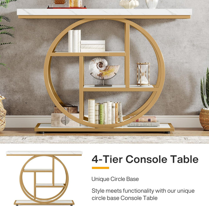 41.3" Console Table, Industrial 4-Tier Sofa Entryway Table with Circle Base, Narrow Wood Accent Tables with Storage Shelves for Living Room, Hallway, Foyer, White Gold