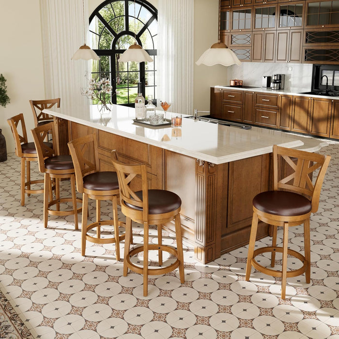 26 Inch Swivel Bar Stools Set of 2, Counter Height Bar Stools | Wooden Bar Stools, Faux Leather Kitchen Stools, Counter Height Chairs with Solid Wood Legs & Wrap-Around Footrest