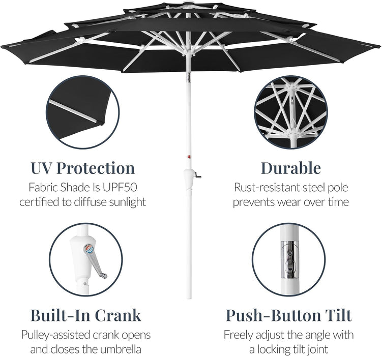 10Ft 3-Tier Patio Umbrella White Pole, Outdoor Market Umbrella with Push Button Tilt and Crank Lift, Steel Pole Umbrella for Backyard Patio Pool Outdoor Shade
