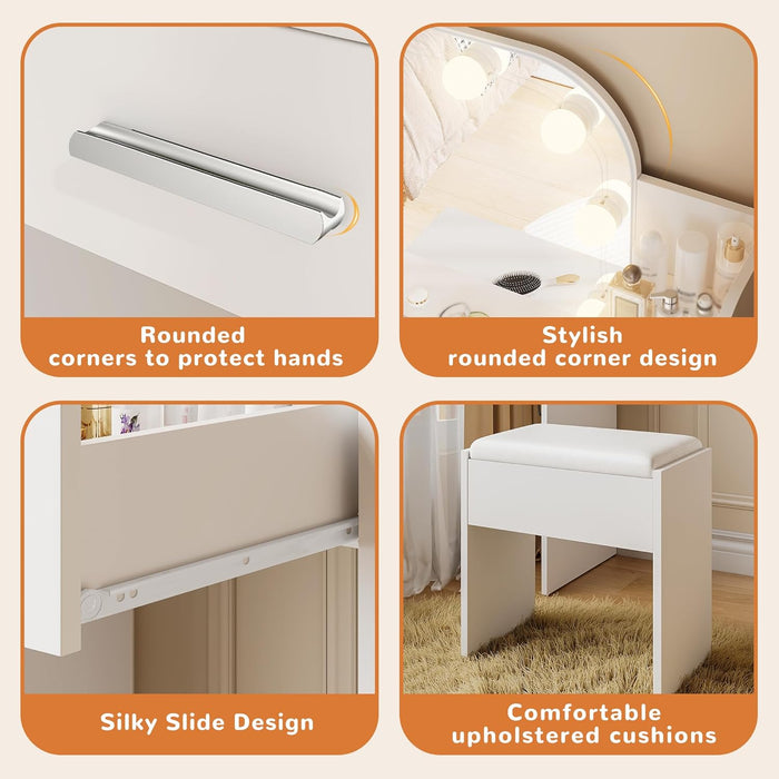 Makeup Vanity with Chair, Small Vanity Desk with Mirror and Lights 3 Colors, Girls Vanity Set with Power Outlet, Compact Vanity Table for Small Space, White