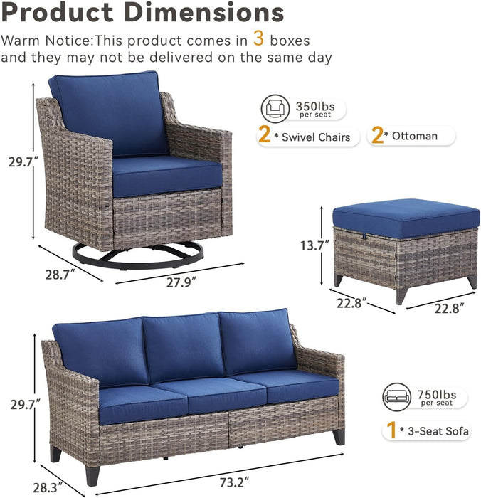 Outdoor Patio Furniture Set-5 Pieces All-Weather Wicker Outdoor Furniture with Swivel Patio Chairs Outdoor Patio Conversation Sets for Garden Porch Deck Grey/Blue