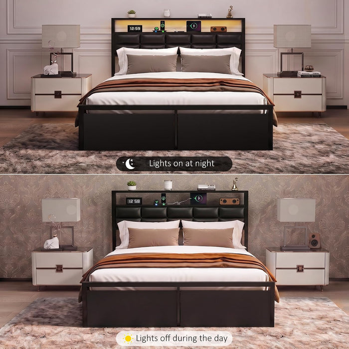 Full Bed Frame with 2 Storage Drawers, LED Lights & Charging Station, Upholstered Headboard with Shelves, Heavy Duty Metal Platform, No Box Spring Needed, Noise Free, Easy Assembly