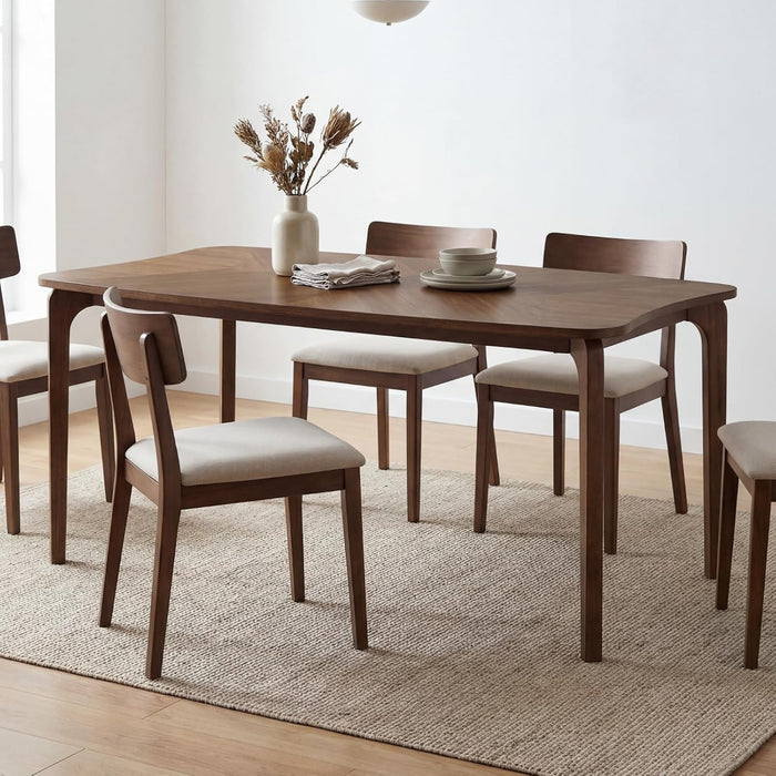 Mid-Century Modern Walnut Color Dining Table, 63" Rectangular Kitchen Table with Solid Wood Legs, Curved Edges, 6-Person Table for Dining Room Living Room Kitchen