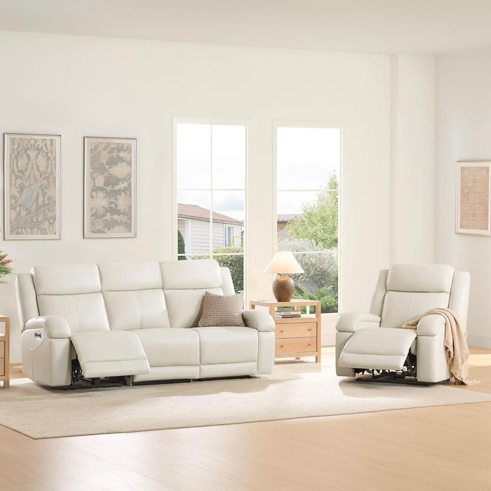 Genuine Leather Power Recliner Sofa, 3 Seater Wall Hugger Reclining Sofas with Power Headrest, USB & Typec Ports, Electric Recliner Couch Set for Living Room, Cream