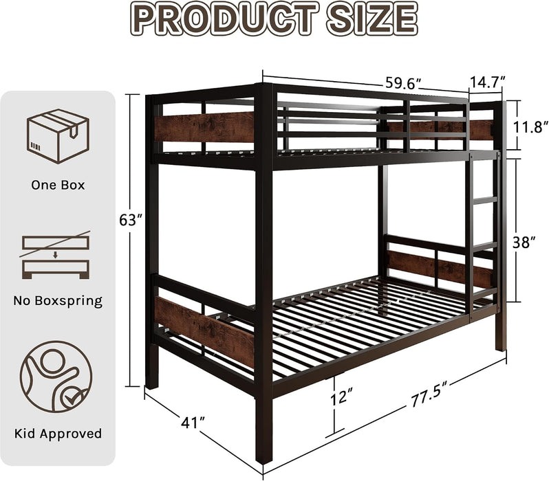 HeavyDuty TwinOverTwin SpaceSaving Metal BunkBed Brown